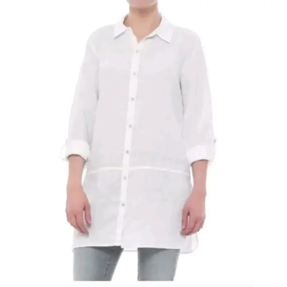 Tahari 100% Linen White Size M Roll-tab Sleeves Button Down Shirt Tunic Top #C - Picture 11 of 12